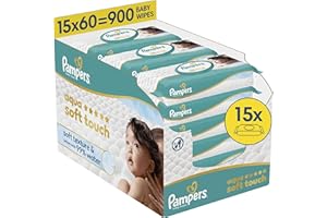 Pampers Aqua Soft Touch Lingettes Pour Bébé 15 Paquets De 60 Lingettes = 900 Lingettes Pour Bébé, Texture Douce & Lotion Avec 99% D’Eau