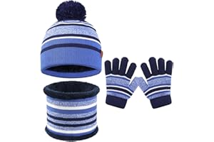 GWAWG Lot de 3 chapeaux et écharpes pour enfants - Bonnet d'hiver à pompons - Écharpe - Gants pour filles et garçons - Bonnet tricoté chaud - Chapeaux et gants pour enfants âgés de 5 à 12 ans - Sports