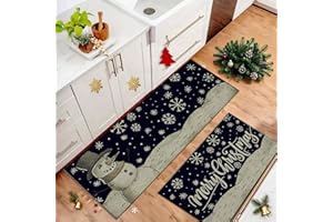 ‎WONGS BEDDING WONGS BEDDING Weihnachten Küchenteppich 2 Stück, Waschbar rutschfest Küchenmatten, Weich Schneemann Küchenläufer mit TPR Anti-Rutsch Backing für Esszimmer, Küche, läufer Flur(44x75+44x120cm, Schwarz)