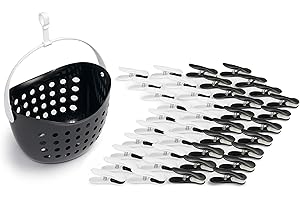 culiclean Clothes Pegs for Washing Line with Basket Strong Soft Grip 40 pcs "Soft Clips" + 1 Peg Basket, Laundry Pegs black white white black with Basket black with Handle white