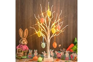 EAMBRITE Easter Egg Tree with Lights Timer Battery Operated White Twig Tree with Easter Decorations Decor for Home and Party (60cm/2ft)