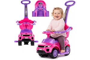 SUN BABY Coche tobogán para niños 4en1, a Partir de 1 años, Coche empujador con claxon y música, Espacio para Guardar Cosas Debajo del Asiento (Rosa)