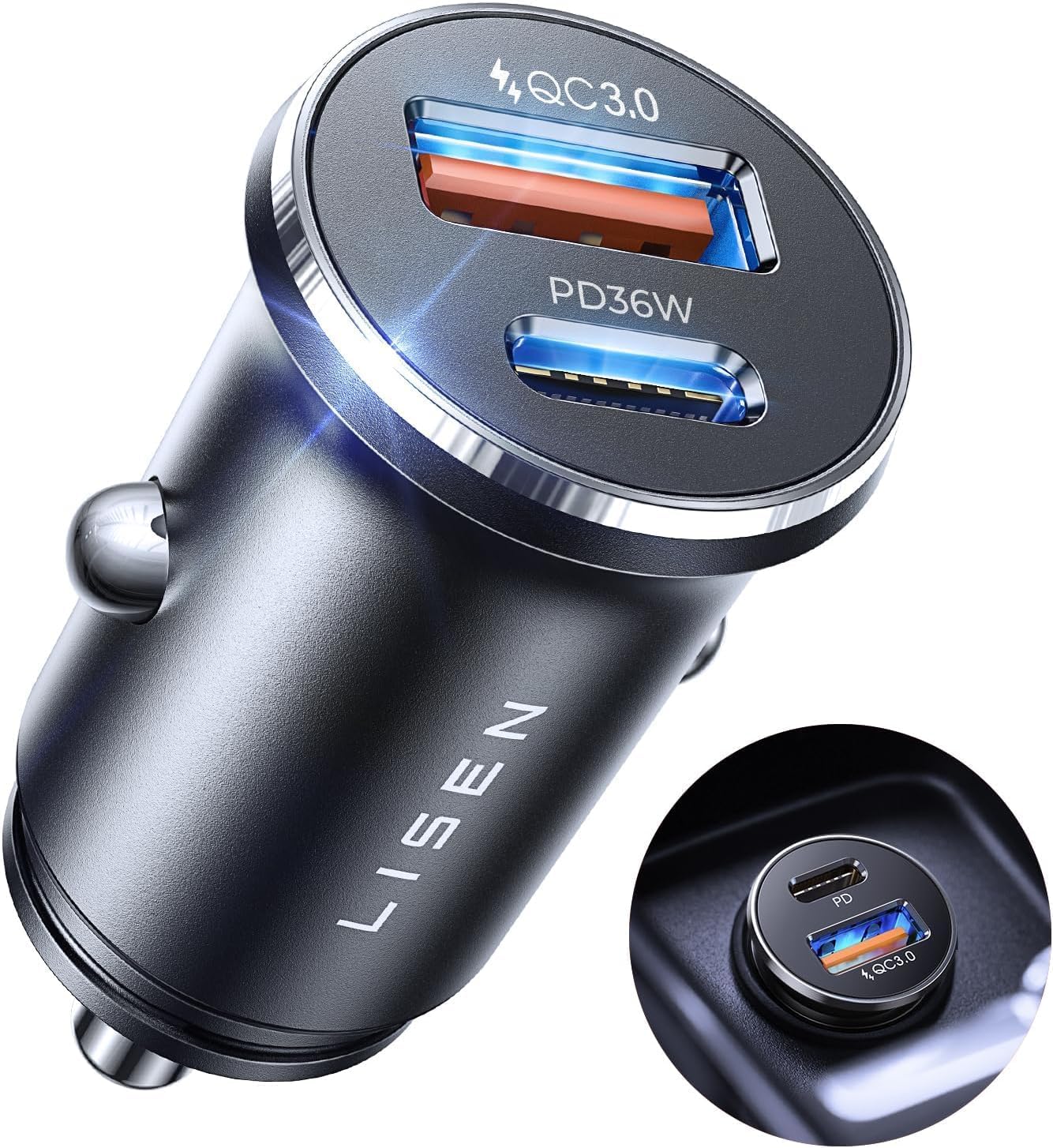 LISEN Car Charger Fast Charge 69W Cigarette Lighter USB Charger [All Metal & Smallest] Car Van BMW Accessories Interior, 12V Car USB C Adapter Socket Gadget for iPhone 17 15 16 samsung s26 iPad Kindle