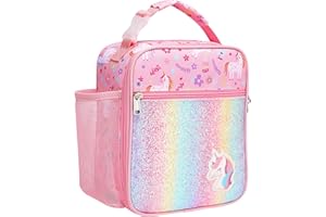 Bagseri Lunch Bag for Girls - Insulated Kids Lunch Box for School Portable Reusable Toddler Cooler Lunch Bag with Bottle Holder and Water-Resistant Lining, Glitter Pink Unicorn