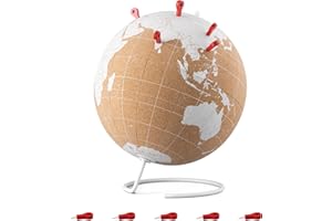 Navaris Globe terrestre liège - Globe carte du monde à épingler 20 x 25 cm avec 10x punaise en bois rouge - Mappemonde ronde voyage déco bureau