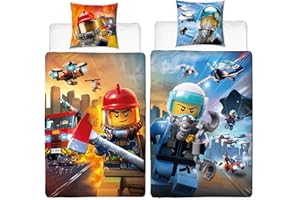 BERONAGE Lego City dwustronna pościel policyjna i straż pożarna 135 x 200 cm + 80 x 80 cm 100% bawełna linon pogotowia ratunkowa 110 samolot Undercover pościel dziecięca niemiecki rozmiar Renforce zamek błyskawiczny