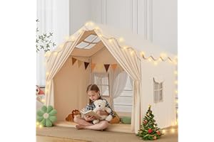 BLUEWOOD Tente Enfant 2 en1, Cabane Enfant Intérieure avec Tapis Rembourré, Lumières et Drapeaux, Grande Maison de Jouets pour Les Anniversaires de garçons et de Filles