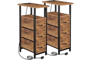 LOAKEKEL Slim Bedside Table Set of 2, Narrow Side Table with Charging Station, Sofa Table with 3 Fabric Drawers and Open Storage Shelf, Nightstand for Small Spaces, Living Room, Brown UHETNDP03PBR