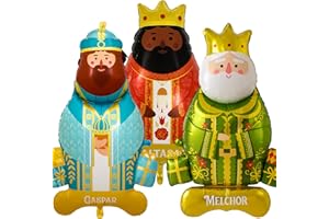 TOMATOYS Globos Reyes Magos 110 cm – 3 Globos Foil de Pie Melchor Gaspar Baltasar – Decoración Reyes Magos y Navidad – Globos Fiesta Navideña Metalizados