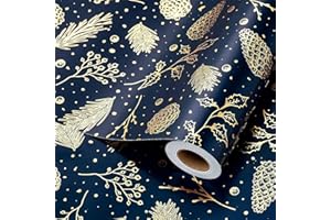 Wikadlik Blue Christmas Wrapping Paper Roll - Gift Wrap Paper 43cm x 10m Foil Gold Pinecone