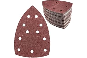 LYHLYA 50 pcs Mouse Sander Pads, 11- Hole 40 Grits Mouse Sander Sandpaper Hook and Loop Sanding Pads 108x155 mm Triangle Multi Tool Sander Pads for Sanding and Polishing