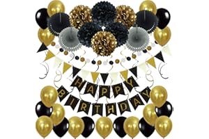 ZERODECO Birthday Party Decoration, Happy Birthday Banner Bunting with 4 Paper Fans Tissue 6 Paper Pom Poms Flower 10 Hanging Swirl and 20 Balloon for Birthday Party Decorations - Black and Gold