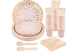 Anstore 200 Platos de Papel Rosa con Lunares Dorados Reutilizable, 25 Invitados Cubiertos con Tenedores, Cuchillos, Cucharas, Platos, Vasos Servilletas, Vajilla de Fiesta para Cumpleaños, Aniversarios