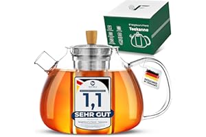 Neighbour's Friend® 1,5 l Teekanne Glas für losen Tee & Teebeutel - Teekanne mit Siebeinsatz groß tropffrei - 3-teiliges Edestahl-Sieb mit Bambusdeckelgriff - Spülmaschinengeeignete Glas Teekanne