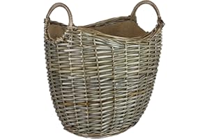 The Pescara Collection Oval Grey & Antiqued Wicker log baskets. Hessian lined. Wood & kindling storage for home hearths and fireplace. Large wood burner bin (Hoop Handle, 44 cm)