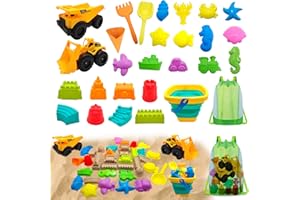 Corpower 28 Piezas Juguetes Playa Niños, Juegos de Playa para Niños, con Cubo Plegable, Excavadora, Molde de Arena para Castillo de Animales Marinos, Palas, Bolsa de Malla, para Niñas Niños 3-6 Años