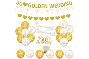 JOYMEMO 50th Wedding Anniversary Decorations Golden 50th Anniversary Balloons Banner Heart Rings Cake Topper Satin Sash for 50th Couple Anniversary Party Supplies
