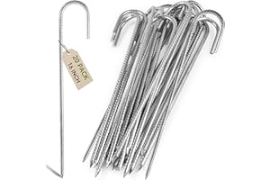 Graxury 20Packs 16inch Heavy Duty Trampoline Tents Anchor Ground Pegs - Galvanized Steel Rust-Proof J Hook Rebar Stakes Fit Trampolines Camp Garden Shed Swings with Chisel Point End