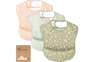 KEABABIES Paquete de 3 baberos impermeables para comer – Baberos ligeros con recogedor de alimentos, baberos resistentes a las manchas, baberos impermeables para bebés, niños, bebés, babero