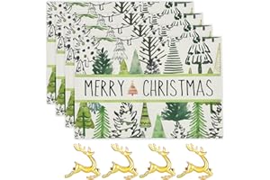 JINGTOPS 4-częściowy zestaw podkładek na Boże Narodzenie, zestaw 4 podkładek na stół z 4 sztukami pierścieni na serwetki, podkładki 45 x 30 cm (choinka)