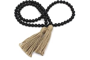 CVHOMEDECO. Wood Beads Garland with Tassels Farmhouse Rustic Wooden Prayer Bead String Wall Hanging Accent for Home Festival Decor. Black