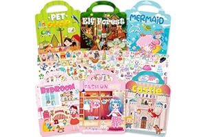 Aannanl Libri adesivi per ragazze dai 2 ai 4 anni ai 4-8 anni, set di libri di attività con adesivi gonfi - sirena,fate, castello della principessa, animale domestico, casa dei giochi, vestire
