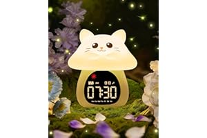 Yiliaw Sleep Training Alarm Clock with Night Light for Kids - Ok to Wake Clock with Dual Alarms, Night Light & RGB Colors, 6 Alarm Tones & White Noise, Rechargeable Clock for Boys & Girls, Cat