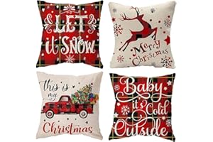Hodofice Christmas Cushion Cover Set of 4 Christma Decoration Throws Pillows Cases for Sofa Couches Living Room Xmas Decor Winter Xmas Cushions Covers 18 x 18 Christmas Red Design Linen Gift