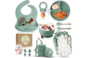 O'doe Baby Entwöhnungsset - 15-teiliges Silikon-Fütterungsset mit Saugnapf, Schüssel, Lätzchen, Schnabeltasse, Obst-Futterspender, Gefriertablett - Babyteller und Schalen Set - Grün - BPA-frei