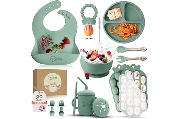 O'doe Vaisselle Bebe | Set Repas Bebe 1er Age 15 Pièces – Coffret Repas Bebe avec Bol Silicone à Ventouse, Cuillères, Tasses, Bavoirs, Assiettes – Set Repas Bébé Complet | Coffrets Repas LED