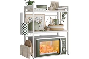 ‎NETEL NETEL Mikrowellen Ständer 3 Stufiges Mikrowellen Halter Organizer mit Haken, Rollen Schneidebrett Halter, Weiß, Ausziehbar von 40-60cm