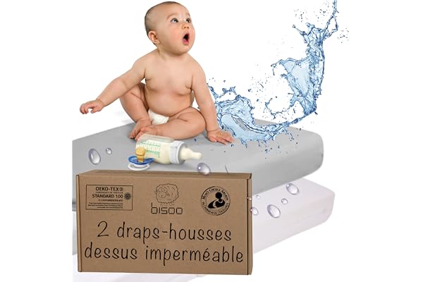 Bisoo Drap Housse 70x140 Impermeable - Alese 70 x 140 Impermeable - 2en1 Drap Housse tege Matelas Reglable pour Lit Enfant - Silencieux 100% Jersey Oeko-Tex - Lot de 2 Draps - Blanc et Gris 140x70