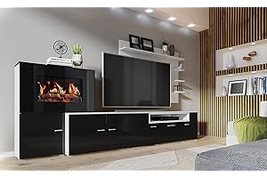 Skraut Home | Mueble para Salón con Chimenea Eléctrica | 170 x 290 x 45 cm | Sistema de Iluminación LED Efecto Llamas | Modelo New Olympo | Estilo Moderno | Acabado Blanco/Negro