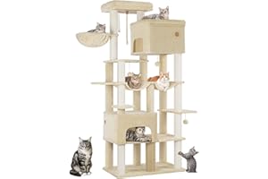 Hzuaneri Arbre à Chat, XXL, Grand Tour à Chat de 200 cm de Haut, avec 10 Griffoirs, 2 Plateformes Géantes, 2 Niches, 2 Hamacs, Pompons, Panier, pour Maine Coon, Beige MS20018YL