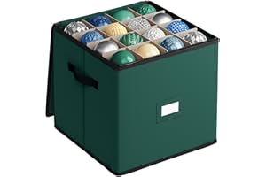 SONGMICS Christmas Decoration Storage Box, 7.6 cm 64 Slots, Stackable Christmas Bauble Storage Box with Lid, Dual Zippers, Adjustable Dividers, Non-Woven Fabric, Forest Green RFB036C01