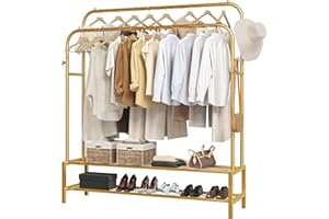 JOISCOPE Portant a Vetement avec 2 Tringle, PorteManteau en Métal avec Étagère à 2 Couches, Portant Vetement Charge de 170 kg, Multifonctionnel Porte Vetements pour Chambre et Salon, 111 * 150cm, Or