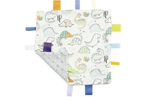 CREVENT Tag Security Blankets for Babies, Soft Small Loveys for Girls, Baby Comforter Sensory Blanket, Great Gifts for Birthday Baby Shower 24X24cm (Dinosaur)