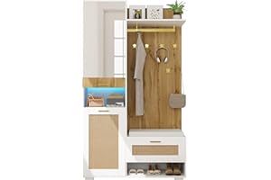 KecDuey Set di appendiabiti da parete con specchio, 5 ganci dorati, panca e scarpiera, 16 colori, scomparto superiore (colore legno + bianco)