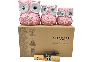 SusggO Set de 3 Buhos de Madera, Decoracion, Tallado a Mano, Buho de la Suerte, Idea Artesania Adorno Mueble (Rosa Flor)