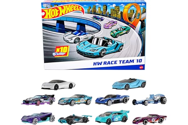 Hot Wheels Coffret de 10 voitures de course (Modèle aléatoire) dont Corvette, Lamborghini, McLaren et voitures originales Hot Wheels à l’échelle 1/64 (exclusivité Amazon), HYM96
