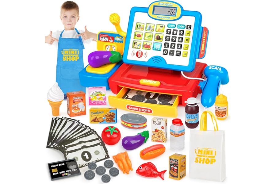 Dreamon Toy Till Cash Register with Scanner for Kids Mini Kids Shop Play Till for 3 Year Old Girls Boys Pretend Role Play Money Food Learning Toys Gift for Toddler