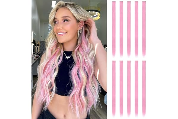 FESHFEN Extension de Cheveux Colorés, Couleur Rose Extensions de Cheveux 10 PCS Naturel Synthétique colorés Postiche Cheveux Long Raides Extensions de Cheveux pour Femmes 55 cm