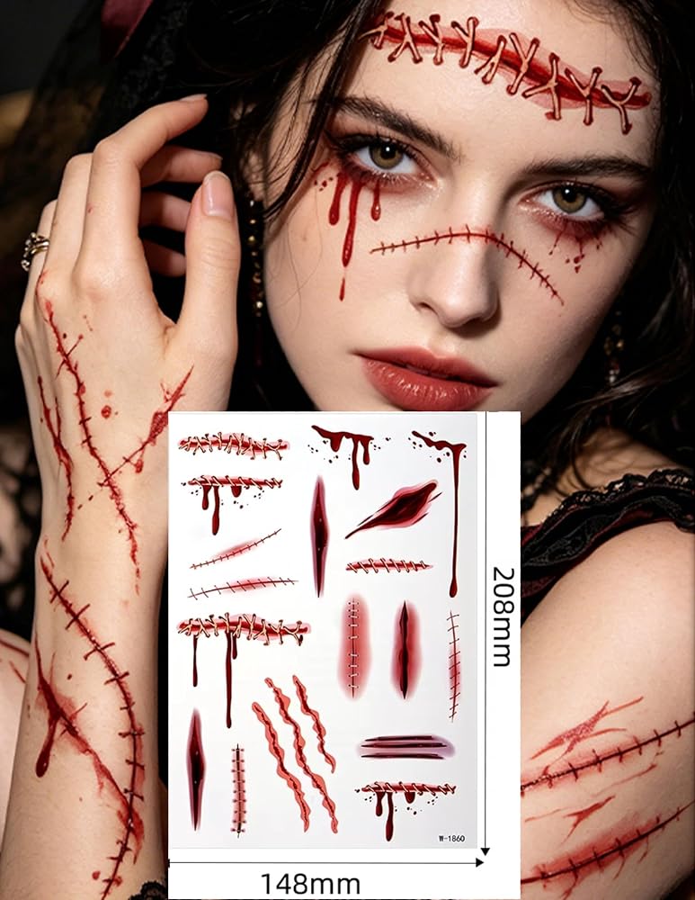 Cadılar Bayramı 3D Kanlı Yara Efekti Scar Face Geçici Dövme Sticker, Yara İzi ve Kan Efekti-SCAR1