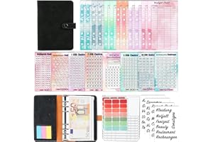 QUPUCE A6 Budget Planner Deutsch, PU Budgetplaner Geld Sparbuch mit 8 Geld Sparen Challenge, Haushaltsbuch mit 10 Binder Pockets Organiser,12 Sinking funds, Matching Stickers and Labels