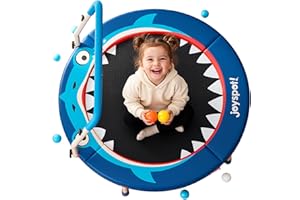 JOY SPOT! Shark-Themed 3ft Kids Trampoline, 36” Foldable Mini Trampoline for Toddlers Ages 3-6, Adjustable Handle, Supports 100 lbs, Safety Padded Jump Mat, Foldable Legs for Indoor Outdoor, Gift for Boys Girls