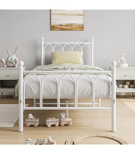 Yaheetech Metalen bed, 90 x 200 cm, minimalistisch bedframe met hoofdeinde, logeerbed met lattenbodem, voor slaapkamer, logeerkamer, 32 cm hoogte onder het bed, wit