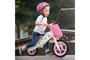 Joyz Mini-Draisienne en Bois, Vélo d'Équilibre Rose, Vélo d'Apprentissage Enfants + 2 Ans, Siège Réglable, Roues EVA Increvables 11 Pouces, Sac en Tissu, Sonnette, Poignée Transport, Tricycle Éducatif