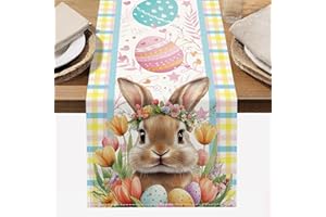 Rarapop Easter Table Runner Bunnies Eggs Flower Table Runner Dresser Scarf Table Topper Home Kitchen Dining Tabletop Decoration Spring Summer Seasonal Holiday Easter Home Party 13x72 Inch (FH11)