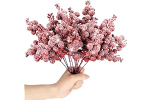 KKSTY Confezione da 16 steli di bacche natalizie glitterate, rametti di bacche innevate artificiali, per realizzare ghirlande, decorazioni per albero di Natale (rosso)