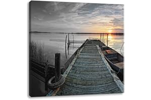Pixxprint, Weitwinkel Holzsteg im Sonnenuntergang B&W Detail Quadratisch, Größe: 40x40 cm Leinwandbild, Wandbild, Kunstdruck, fertig bespannt